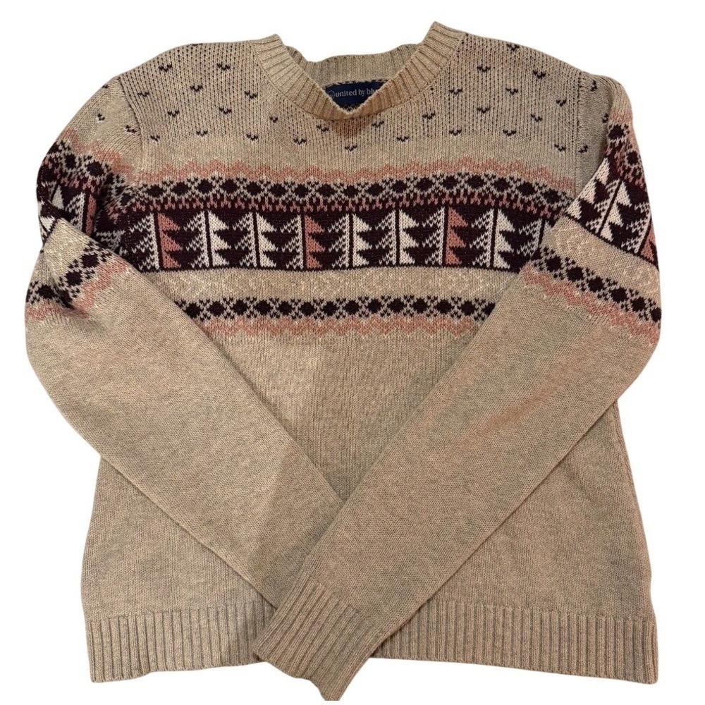 United By Blue Fair Isle Sweater Womens S Tan Brown Pine Tree Gorpcore Cowgirl